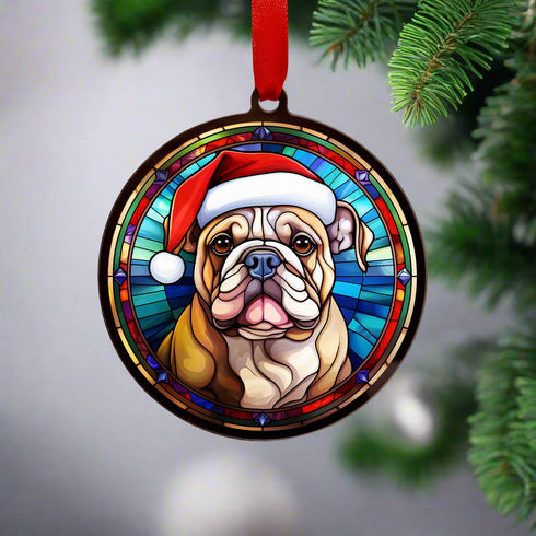 Bulldog in Santa Hat Suncatcher Decoration - CLEARANCE